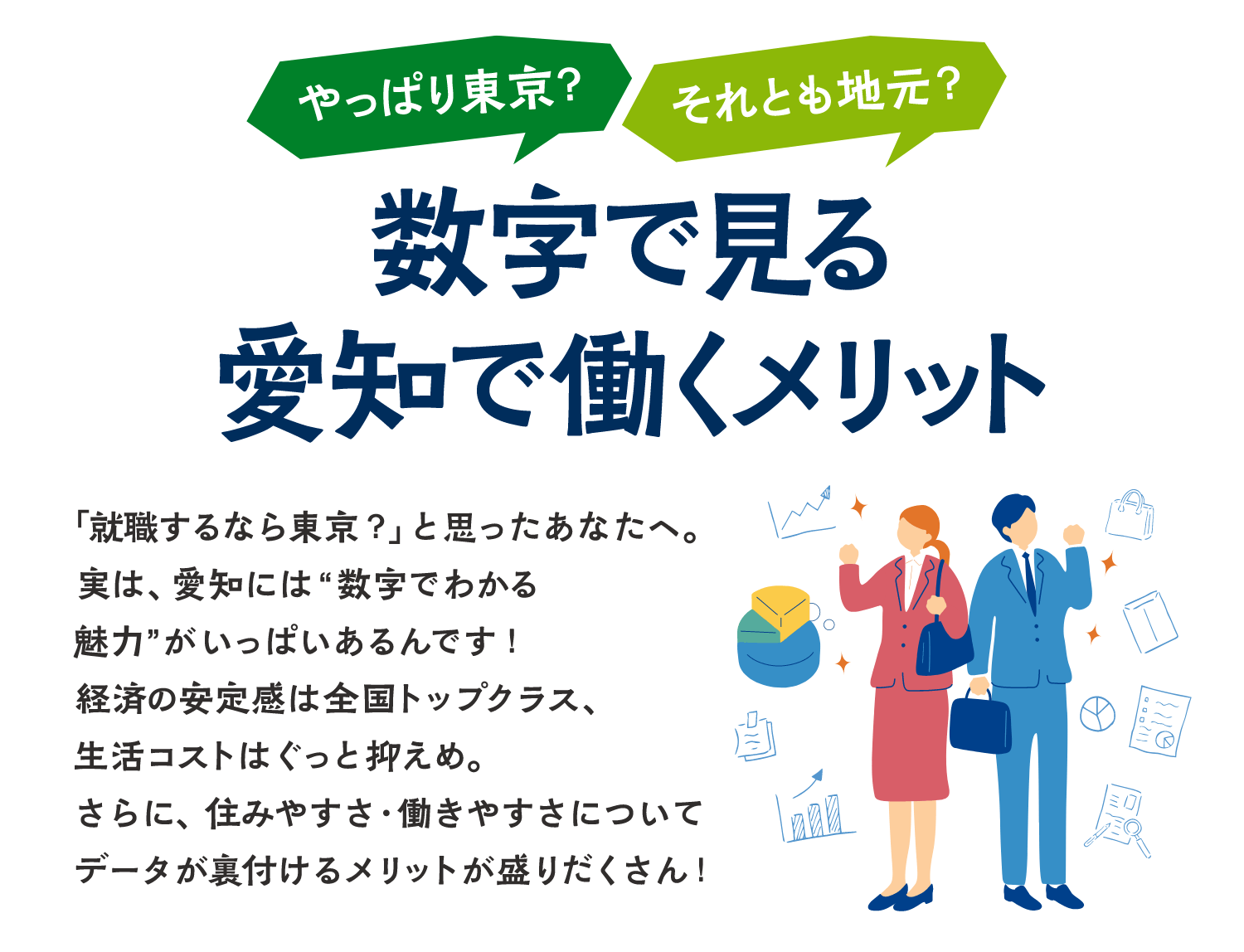 やっぱり東京？それとも地元？数字で見る愛知で働くメリット 「就職するなら東京？」と思ったあなたへ。実は、愛知には'数字でわかる魅力'がいっぱいあるんです。経済の安定感は全国とプクラス、生活コストはぐっと抑えめ。さらに、住みやすさ・働きやすさについてデータが裏付けるメリットが盛り沢山！