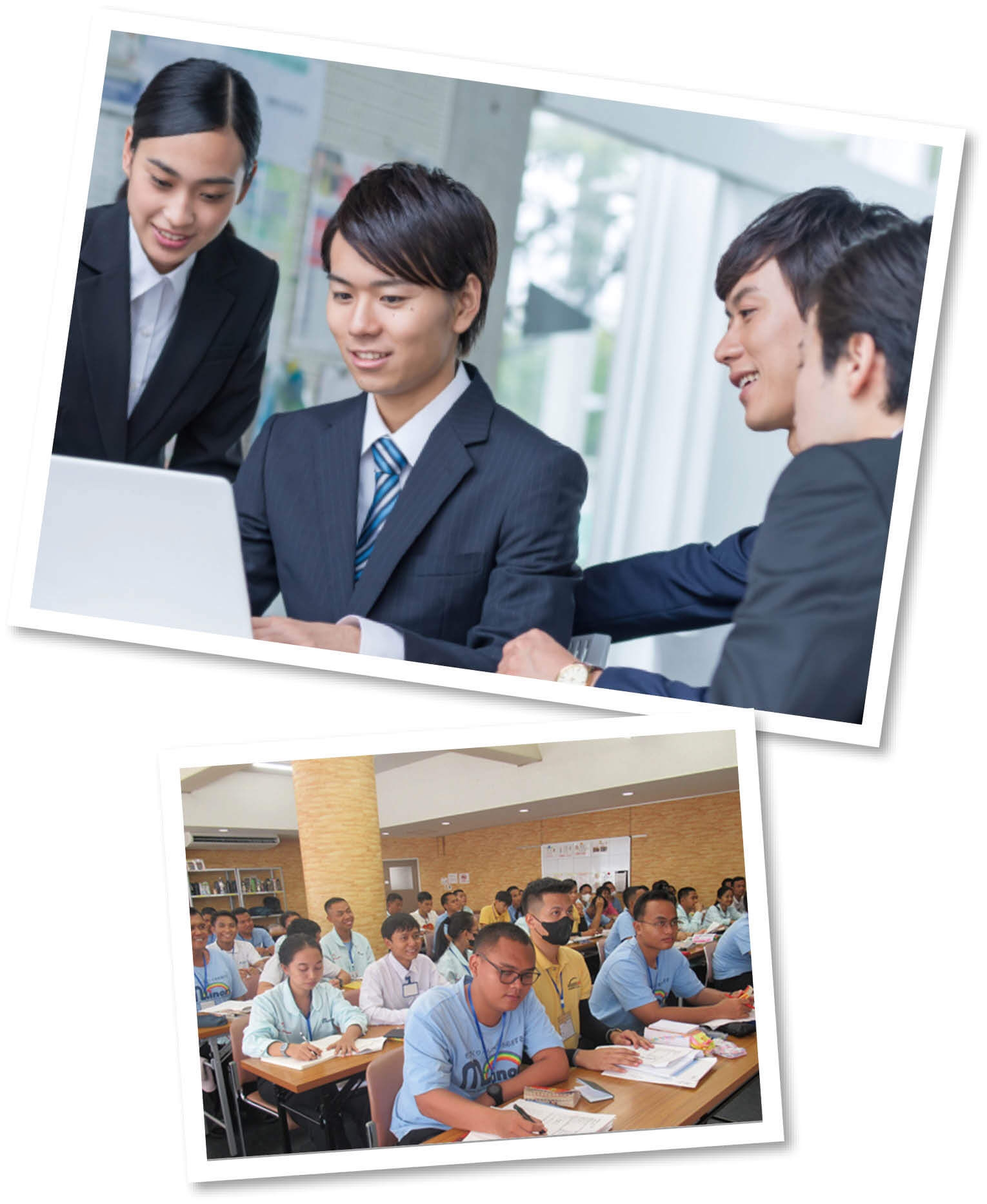 社員の1日。コンサルティング部 Aさん。8時40分、朝礼。9時、企業様訪問。実習生を受け入れている企業様を訪問し、実習生受け入れるうえでの困りごとや新たなニーズなどをヒアリングします。12時10分、昼休憩。13時、プロジェクト会議。社内の困りごと解決や、新サービス・商品の開発などをするため、部署の垣根を越えたメンバーで行っています。15時、新規企業様訪問。実習生の受け入れに興味を持つ企業様へ提案をしに行きます。どのようなニーズがあり、企業様の課題解決のためのコンサルティング営業です。16時30分、社内書類の作成。総合職である営業は、伝票の作成や経費の精算なども自ら行います。外に出ることも多いので効率よく事務作業を終わらせることが、優秀な営業パーソンです！17時30分、終業。