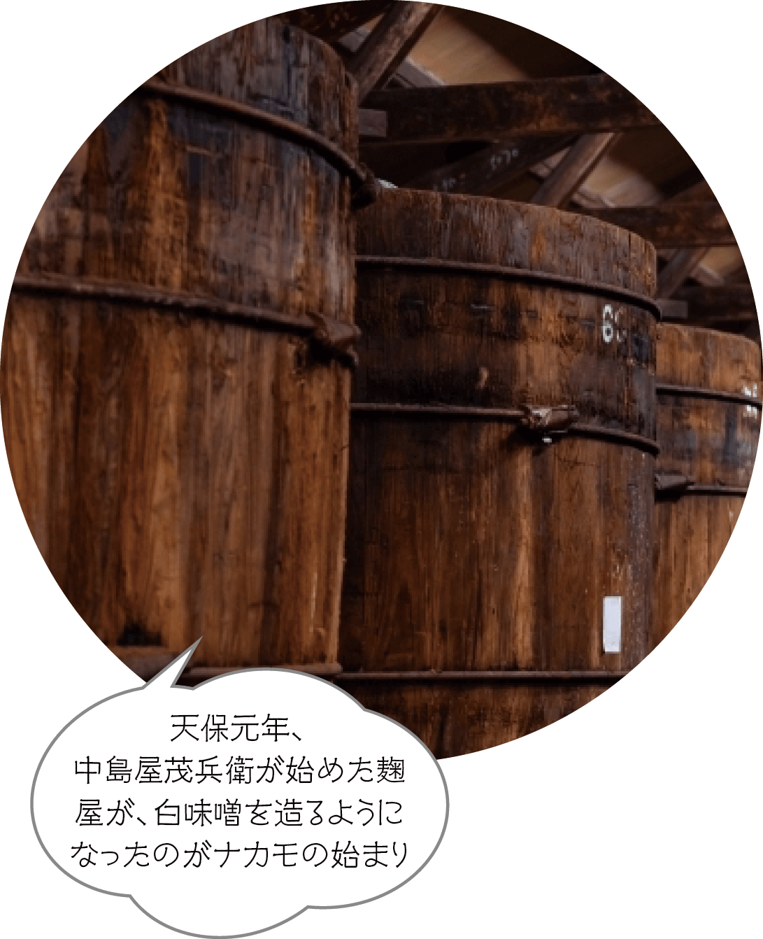 天保元年、中島屋茂兵衛が始めた麹屋が、白味噌を造るようになったのがナカモの始まり